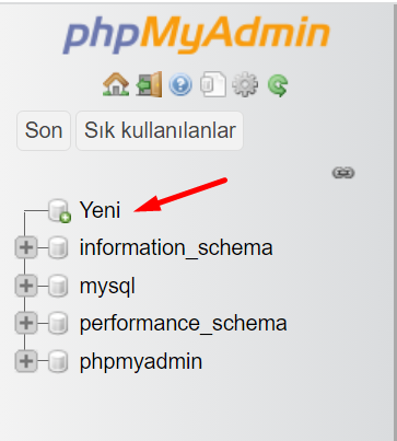 phpmyadmin yeni veritabanı oluşturma
